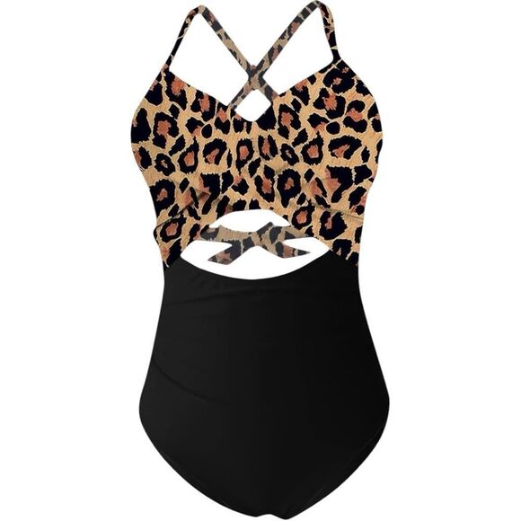 Leopard Print and Black One Piece Swimsuit - Picture 4 of 8